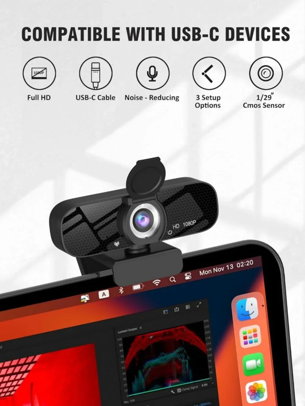 HD 1080P Webcam with Microphone, Rotatable Tripod & Privacy Cover for PC/Laptop